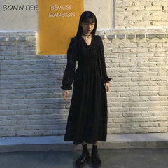 Puff Long Sleeve Midi Dress Women Elegant V-Neck Streetwear Party Casual Fashion Dress
