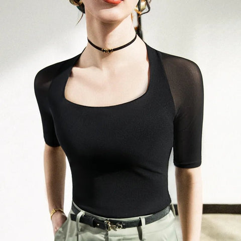 Mesh Top Women Vintage Short Sleeve Square Collar Stretchy Black Casual Fashion T-Shirt Top
