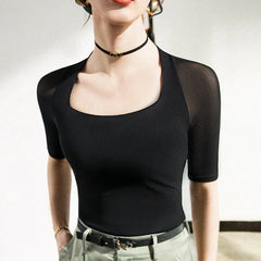 Mesh Top Women Vintage Short Sleeve Square Collar Stretchy Black Casual Fashion T-Shirt Top