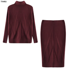 Turtleneck Knit Loungewear Set Women 2-Piece Pencil Skirt Pullover Sweater Work From Home