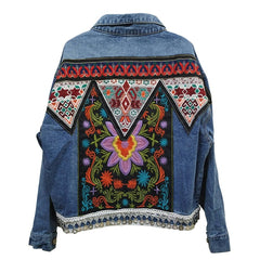 Floral Embroidered Appliqué Denim Jacket Women Long Sleeve Casual Chic Outerwear Fashion