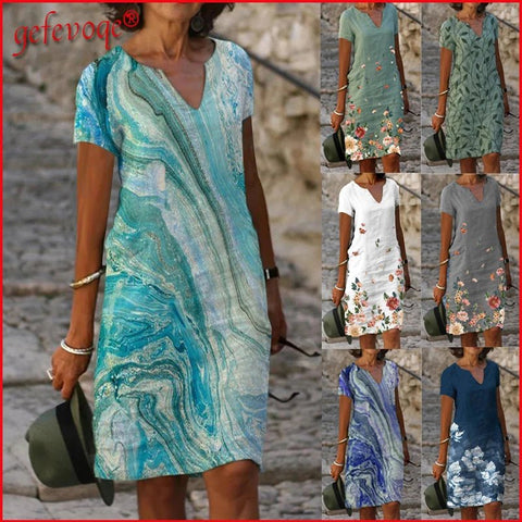 Vintage Print Midi Dress Women V-Neck Short Sleeve Loose Casual Spring Summer Fashion Dress