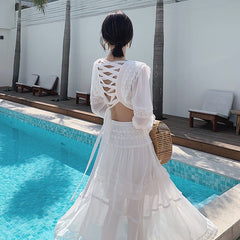 Long Sleeve Chiffon Maxi Dress Women Hollow Out Bandaged Back Beach Casual Summer Fashion