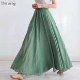 Cotton Linen Maxi Skirt Women's Casual Elastic High Waist Pleated A-Line Boho Skirts