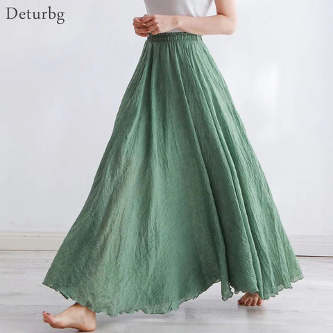 High Waist Maxi Skirt Women Cotton Linen Elastic Pleated A-Line Boho Casual Fashion Skirt