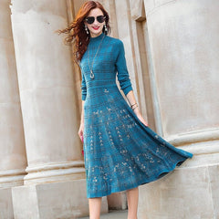 Long Sleeve Knit Sweater Dress Women Elegant A-Line Slim Waist Casual Party Winter Fashion