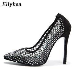 Cutout Pumps Women Mesh Rhinestone Breathable Thin High Heel Elegant Fashion Shoes