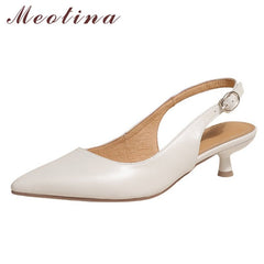 Slingback Pumps Women Genuine Leather Thin Low Heel Pointed Toe Elegant Casual Fashion Shoes