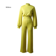 Jumpsuit Women Elegant Slim Fit Solid Skinny Lantern Sleeve Mock Neck Casual Office Party Overalls