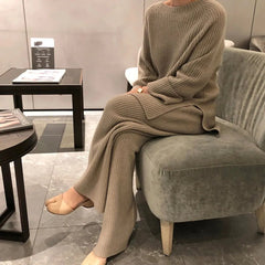 Pant Set Women 2-Piece Thick Warm Knitted Pullover Sweater High Waist Loose Wide Leg Pants Casual