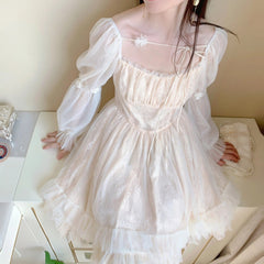 Long Sleeve Mini Dress Women French Fairy Bandage Chiffon Lace Casual Vintage Y2K Fashion Dress