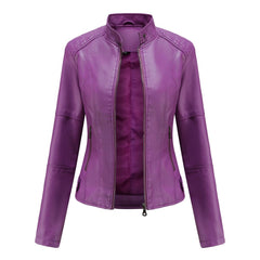 Faux Leather Biker Jacket Women Stand-Up Collar Motorcycle Style Spring Autumn Outerwear Fashion