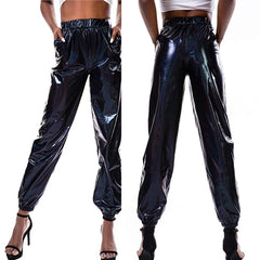 High Waist Metallic Pants Women Smooth Shiny Lantern Reflective Trousers Casual Party Fashion