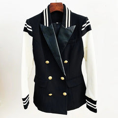 Blazer Women Classic Academia Double Breasted Button Leather Sleeve Patchwork Chic Fashion Jacket