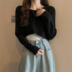 Knit Crop Sweater Women Loose O-Neck Pullover Casual Cozy Everyday Winter Fashion Top