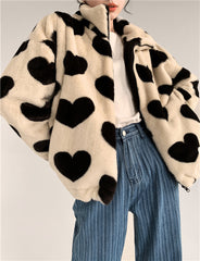 Black Hearts Plush Faux Fur Coat Warm Jacket Tan Beige