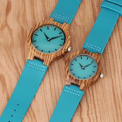 Luxurious Royal Blue Wooden Watch Quartz Wristwatch 100% Natural Bamboo Fashion Leather Band Makes great Gift
