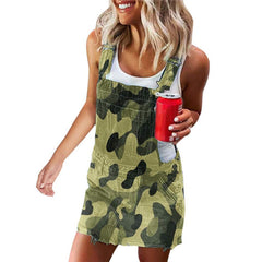Denim Bib Overall Mini Dress Women Casual Front Pockets Blue Gray Camouflage Everyday Fashion
