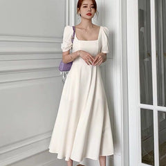 Puff Sleeve Vintage Midi Dress Women Casual Short Sleeve Elegant Spring Summer Fashion Dress