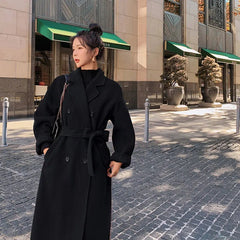 Long Double Breasted Coat Women Chic Loose Belt Elegant Autumn Winter Casual Outerwear Fashion