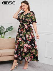 Maxi Dress Women Plus Size V-Neck Floral Print Boho Short Sleeve A-Line Belt Casual Spring Summer