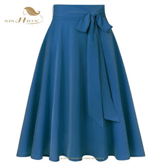 Midi Skirt Women Chiffon Long High Waist Lace-Up All Season Elegant Chic Fashion Casual Skirt