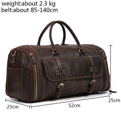 Leather Travel Duffel Bag with Shoe Compartment, Full Grain Genuine Cowhide Leather Duffle Carryall Weekender