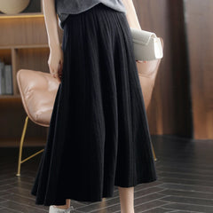 Women's Cashmere A-Line Skirt Pleated Knit Long Skirt 100%Wool Large Size High Waist Shirring Skirt
