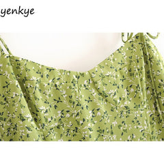 Floral Print Midi Dress Women Vintage Green Sleeveless Slit A-Line Casual Summer Fashion Dress