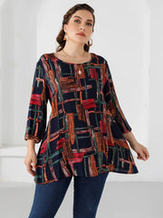 Plus Size Blouse Women Three Quarter Sleeve Colorful Print Casual Long Loose Oversized Fashion Top