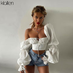 Puff Sleeve Floral Crop Top Women French Romantic Square Collar Elegant Spring Summer Party Fashion