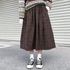 High Waist A-Line Skirt Women Dark Academia Japanese Style Long Pleated Elastic Casual Fashion