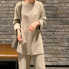 Pant Set Women 2-Piece Thick Warm Knitted Pullover Sweater High Waist Loose Wide Leg Pants Casual