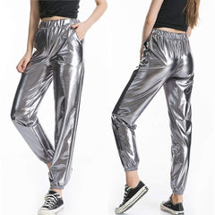 High Waist Metallic Pants Women Smooth Shiny Lantern Reflective Trousers Casual Party Fashion