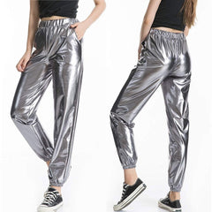 High Waist Metallic Pants Women Smooth Shiny Lantern Reflective Trousers Casual Party Fashion