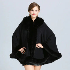 Shawl Coat Women Thick Faux Fur Hooded Poncho Cape Knitted Cloak Loose Warm Winter Outerwear