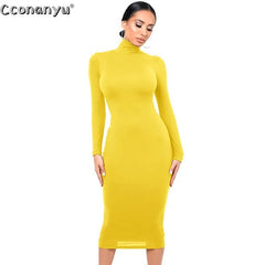 Turtleneck Midi Dress Women Black Long Sleeve Skinny Bodycon Party Clubwear Autumn Winter Fashion