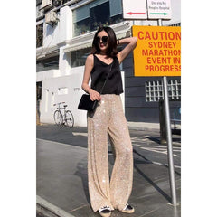 Sequin-Embellished Wide-Leg Silver Pants Elastic Waist Luxurious Style Women's Trousers