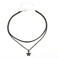 Women's Two-Row Black Choker Necklace with Black Chain and Pentagram Star Charm Pendant Multilayer Collar Necklace Gift for Her