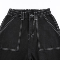Cotton Jeans Women Loose White Thread Black Casual Comfortable Everyday Fashion Denim