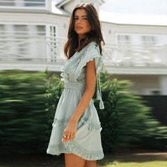 Sexy V-Neck Lace Tie Up Mini Dress Cotton Batwing Sleeve Sundress
