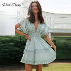 V-Neck Lace Tie-Up Mini Dress Women Cotton Batwing Sleeve Casual Summer Sundress Fashion