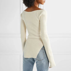 Sweater Women White Side Split Knitted Square Collar Long Sleeve Off Shoulder Casual Fashion Top
