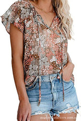 Floral Print Chiffon Blouse Women V-Neck Casual Elegant Spring Summer Beach Vacation Fashion
