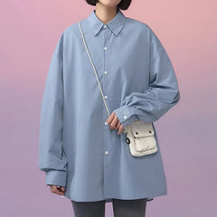 Shirt Women White Long Sleeve Turndown Collar Oversized Teen Girls Casual Everyday Fashion Top