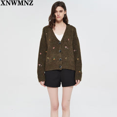 Embroidered Knit Cardigan Women Vintage V-Neck Fall Winter Casual Elegant Fashion Sweater