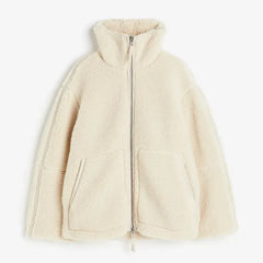 Teddy Fleece Jacket for Women Fake Lamb Wool Jacket Cozy Oversized High Collar Zip-up Coat Fuzzy Winter Outerwear