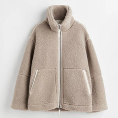 Teddy Fleece Jacket for Women Fake Lamb Wool Jacket Cozy Oversized High Collar Zip-up Coat Fuzzy Winter Outerwear