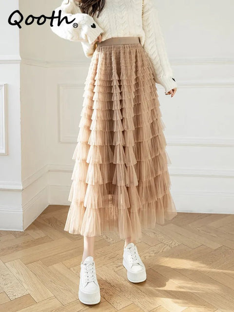 Tulle Midi Skirt Women Layered Ruffle Mesh Puffy Cake A-Line Elegant Vintage Elastic Waist Fashion