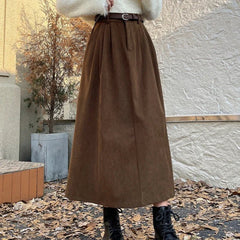 Skirt Women Corduroy A-Line Long Solid Preppy Retro Style Casual Autumn Winter Midi